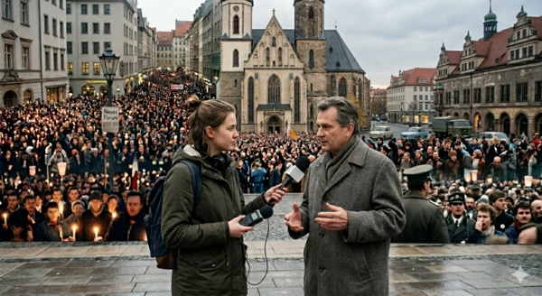 Frau interviewt einen Mann, im HIntergrund Gebäude und Menschenmengen (KI-generiert)