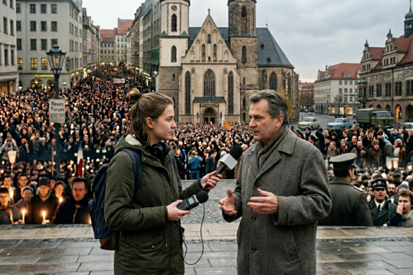 Frau interviewt einen Mann, im HIntergrund Gebäude und Menschenmengen (KI-generiert)